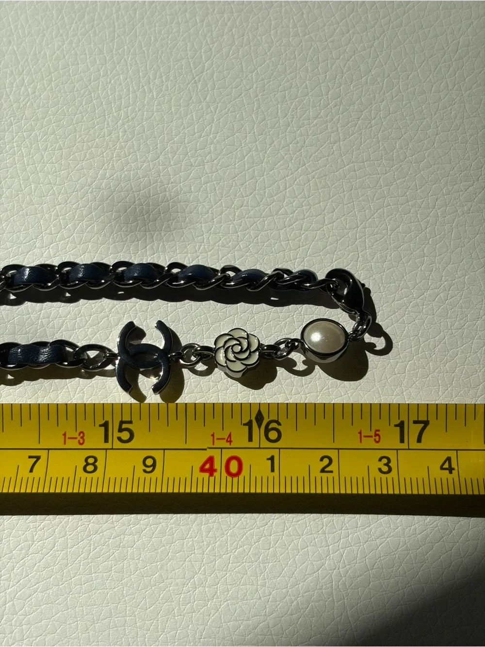 CHANEL Navy Chain Necklace/Belt with Interwoven Leather and SilverCharm Accents
